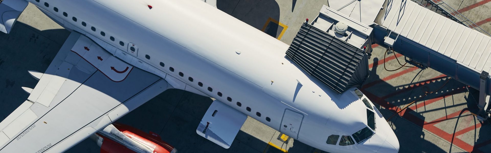 Aerial view of airport. Preparation of airplane before departure.