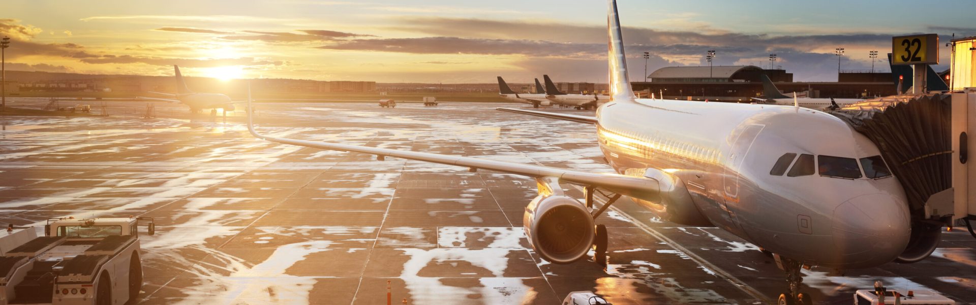 Airplane being preparing for takeoff at terminal gate in international airport at sunrise