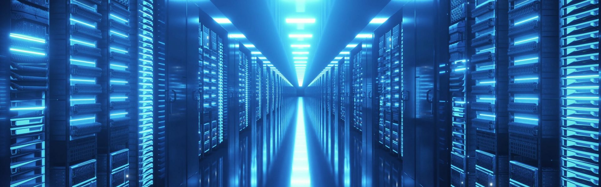 Data center with endless servers. Network and information servers behind glass panels. Cloud computing data storage. 4K high quality loop animation.