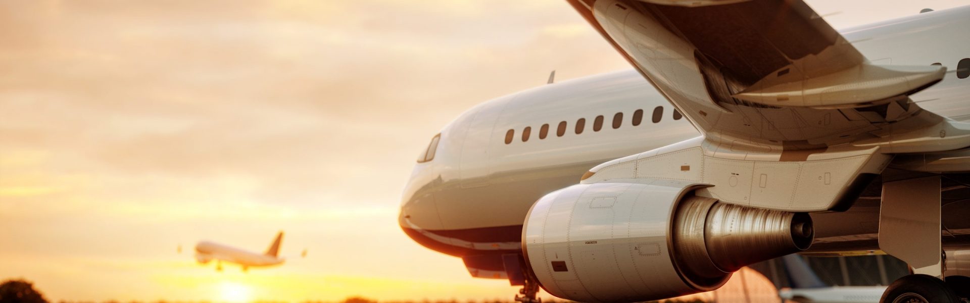 White commercial airplane standing on the airport runway at sunset. Passenger airplane taking off. Airplane concept 3D illustration.
